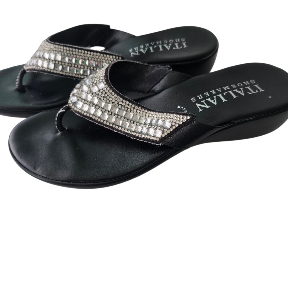 Italian Shoemakers Black Rhinestone Wedge Flip Flops Sandals Womens 6.5 Italy
